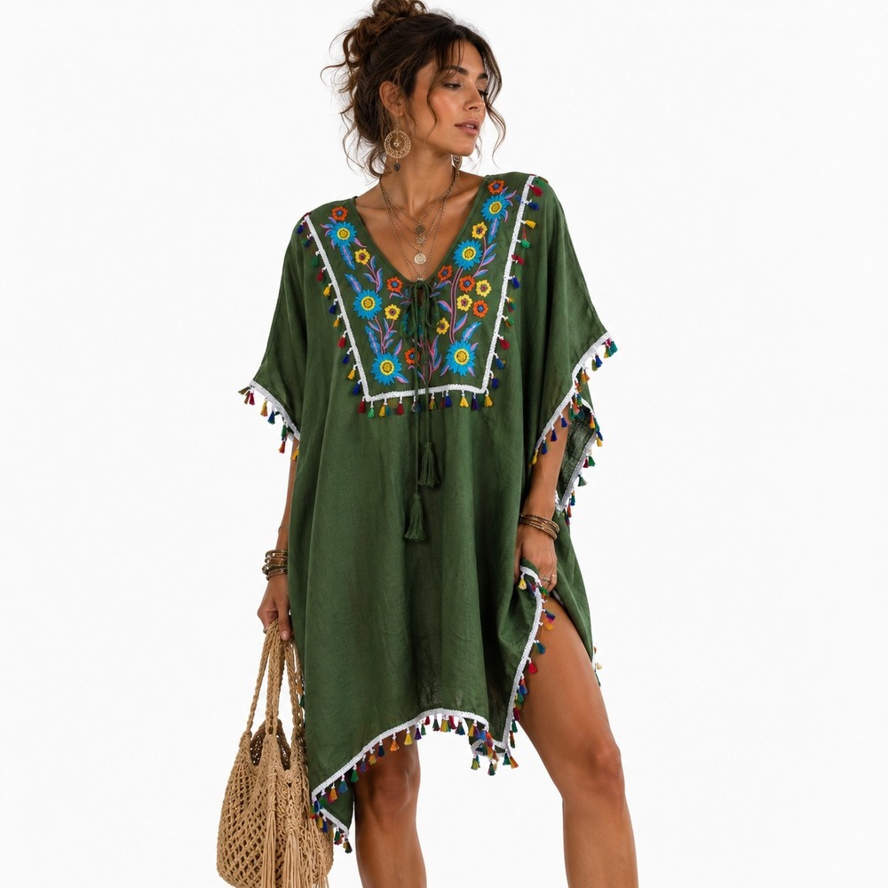 SITA Kaftan Tunic One Size Green Embroidered Tassel Boho Festival Beach Coverup